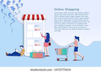 Modern flat design concept of people and Business Online Shopping for M-Commerce with decorated small people character. Landing page template for website and mobile website development UI, UX design.