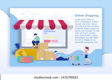 Modern Flat Design Concept Of People And Business Online Shopping For M-Commerce With Decorated Small People Character. Landing Page Template For Website And Mobile Website Development UI, UX Design.