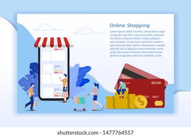 Modern flat design concept of people and Business Online Shopping for M-Commerce with decorated small people character. Landing page template for website and mobile website development UI, UX design.