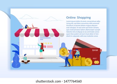 Modern flat design concept of people and Business Online Shopping for M-Commerce with decorated small people character. Landing page template for website and mobile website development UI, UX design.