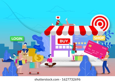 Modern flat design concept of people and Business Online Shopping for M-Commerce with decorated small people character. Landing page template for website and mobile website development UI, UX design.