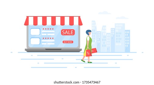 
Modern flat design concept of people and an online store business with a small character. The concept of shopping on the Internet. A female character goes shopping from an online store.