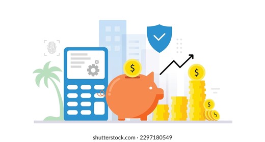 El moderno concepto de diseño plano de un banco de cerdos con la moneda de oro en dólar decreciente con una calculadora y paisaje urbano, crecimiento de la inversión, protección o ahorro financiero Concepto de Seguro.