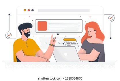 Modernes flaches Design-Konzept der Projektentwicklung. Junge Mann und Frau arbeiten zusammen an einem Projekt. Büroarbeit und Zeitmanagement. Einfache Bearbeitung und Anpassung. Vektorgrafik