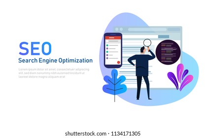 Modern flat design concept of SEO Search Engine Optimization for website and mobile website. Landing page template. Edit analyze code. Vector illustration