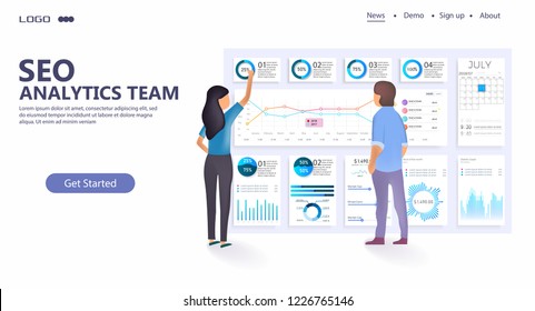 Concepto moderno de diseño plano de Seo Optimization para sitio web y sitio web móvil. Página de inicio del equipo de análisis de SEO.