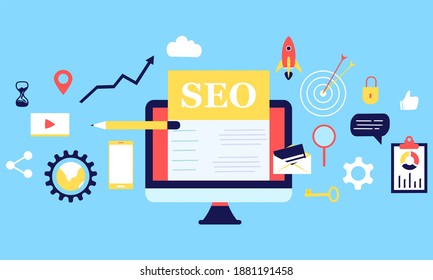 Modern flat design concept of SEO Search Engine Optimization banner for website and mobile website. Landing page template for digital advertising, search engines, online marketing. Vector illustration