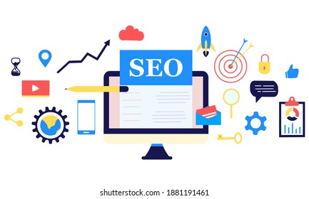 Modern flat design concept of SEO Search Engine Optimization banner for website and mobile website. Landing page template for digital advertising, search engines, online marketing. Vector illustration