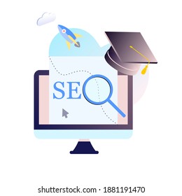 Modern flat design concept of SEO Search Engine Optimization banner for website and mobile website. Landing page template for digital advertising, search engines, online marketing. Vector illustration
