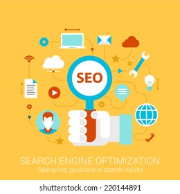 Modern flat design concept for SEO search engine optimization hand holding magnifier and vector web banners illustration print materials website click infographics elements collection