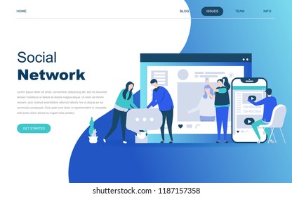 Modern flat design concept of Social Network for website and mobile website development. Landing page template. Virtual communication and media sharing. Vector illustration.