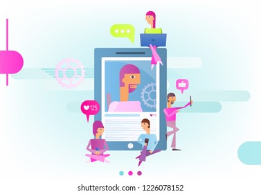 Modern Flat Design Concept of Social Media with Characters -  People Follow the Trend near Big Smartphone with Photo. Network Banner for Web. Vector Illustration.