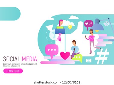Modern Flat Design Concept of Social Media with Characters -  People Talking and Share a Chat, Tag or Post Comment Online near Big Symbol Like. Vector Illustration.