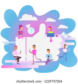 Modern Flat Design Concept of Social Media with Characters -  People Follow the Trend near Big Symbol I Like on Blue Background. Vector Illustration. Square Format.