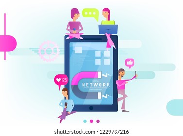 Modern Flat Design Concept of Social Media with Characters -  People Follow the Trend near Big Blue Smartphone. Network Banner for Web. Vector Illustration. I like Symbol.