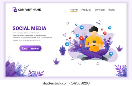 Modern flat design concept of Social media with a young man sitting using smartphone. Can use for banner, mobile app, landing page, web design, advertising template. Flat vector illustration
