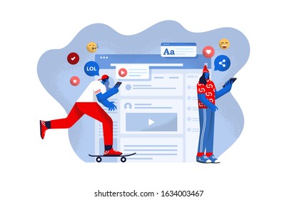 Modern flat design concept of Social Media. Young man and woman communicate via social network. Education and Learning. Easy to edit and customize. Vector illustration