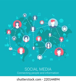 Concepto moderno de diseño plano para los medios sociales globales de la gente mundial conexiones de la gente Internet intercambio de información y vectores banners web ilustración materiales impresos sitio web clic infografía elementos colección