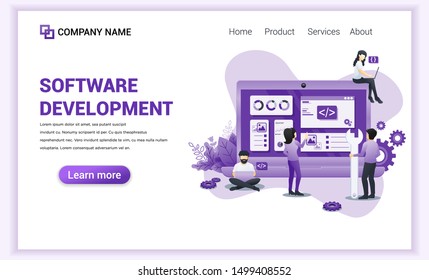 Modern Flat design concept of Software Development with characters on screen programming and coding. Can use for banner, business, mobil app, landing page, website template. Flat vector illustration