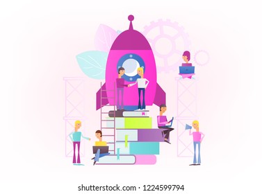 Modern Flat Design Concept Startup of New Business – Young People are Launching Rocket. Vector Illustration for Website, Banner, Social Media and Landing Page.