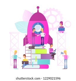 Modern Flat Design Concept Startup of New Business – Young People are Launching Rocket. Vector Illustration for Website, Banner, Social Media and Landing Page. Isolated on White Background.
