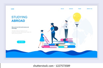 Modern flat design concept of Studying Abroad with decorated small people character for website and mobile website development. UI and UX design. Landing page template. Vector illustration.