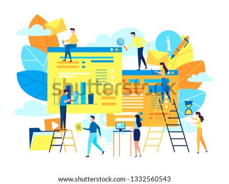 Modern flat design concept of teamwork building wireframe UX / UI, mobile website application via small people buisnessmen. Vector illustration in a cartoon style