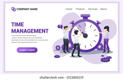 Concepto moderno de diseño plano de gestión de tiempo con caracteres. Un hombre tratando de parar el tiempo en un reloj gigante. Puede usarse para banner web, infografías, página de inicio, plantilla web. Ilustración vectorial plana