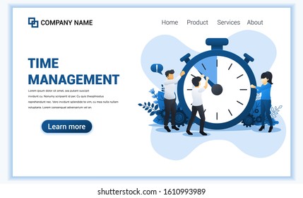 Modern Flat design concept of Time management with Characters. A man trying to stop time on giant clock. Can use for web banner, infographics, landing page, web template. Flat vector illustration