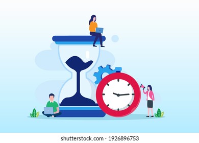 Modern flat design concept of time management with people work near big clock and hourglass. Flat vector template Style Suitable for Web Landing Page, Background.