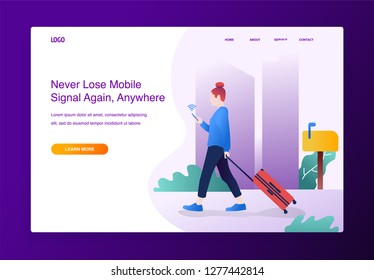 Modern flat design concept. traveler woman using mobile phone searching wifi signal, for website and mobile website. Landing page template