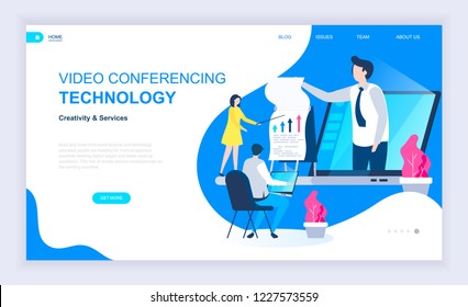 Modern flat design concept of Video Conference with decorated small people character for website and mobile website development. UI and UX design. Landing page template. Vector illustration.