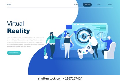 Modern flat design concept of Virtual Augmented Reality for website and mobile website development. Landing page template. People wearing headset with touching vr interface. Vector illustration.