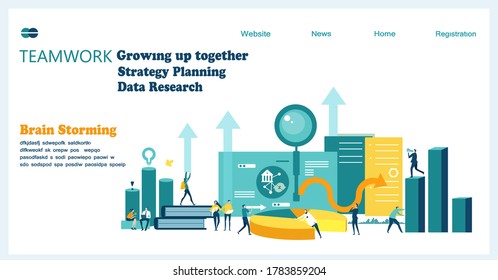 Sitio web o página de aplicaciones de diseño plano moderno. Servicios financieros, banca, planificación estratégica, desarrollo, soluciones empresariales, consultoría, investigación de mercado, trabajo en equipo, análisis de datos, apoyo, seguridad