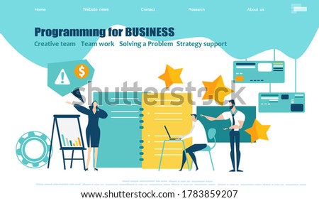 Modern flat design concept website or app page. Financial services, banking, strategic planning, development, business solutions, consulting, market research, teamwork, data analyse, support, security
