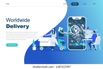 Modern flat design concept of Worldwide Delivery for website and mobile website development. Landing page template. Warehouse, truck, forklift, courier, drone and delivery man. Vector illustration.