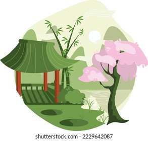 Modern flat design conceptual illustration with traditional asia building, bamboo, sky, sakura tree and mountain lake.