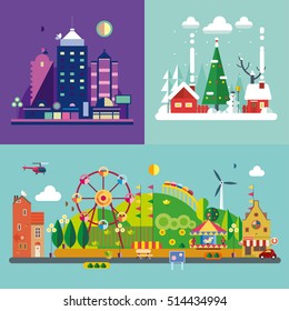 Modern flat design conceptual illustration. Amusement park.
