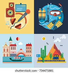 Modern flat design conceptual illustration. Fun, travel, vacation and landmarks