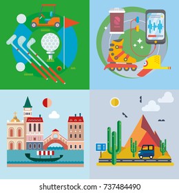 Modern flat design conceptual illustration. Fun, travel, vacation and landmarks