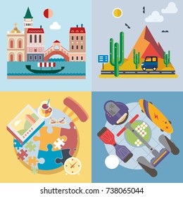 Modern flat design conceptual illustration. Fun, travel, vacation and landmarks