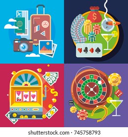 Modern flat design conceptual illustration.  Casino, fun, travel and vacation