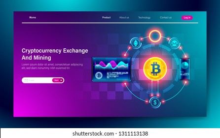 Modern flat design of Cryptocurrency Exchange and bitcoin mining technology on tablet and mobile device concept for landing page template, blockchain Vector.