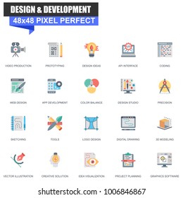 Modern flat design and development icons set for website and mobile site and apps. Contains such Icons as Prototyping, Creative, API. 48x48 Pixel Perfect. Editable Stroke. Vector illustration.