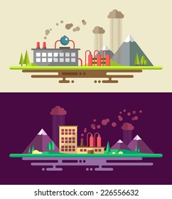 Modern flat design ecological conceptual vector landscape illustrations with factory