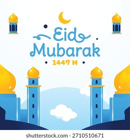 Modern Flat Design Eid Mubarak Greetings with Mosque Illustrations