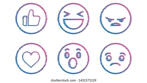 Modern Flat Design Facebook Vector Emoji Set with Different Reactions for Social Network Isolated on White Background and glitch effect