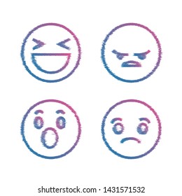 Modern Flat Design Facebook Vector Emoji Set with Different Reactions for Social Network Isolated on White Background and glitch effect