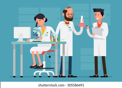 Modern flat design female and male scientist characters at work | Concept design on chemistry laboratory specialists working on research and exploration 