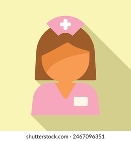 Modern flat design female nurse avatar icon with brown hair and pink cap representing a professional caregiver in the medical healthcare field